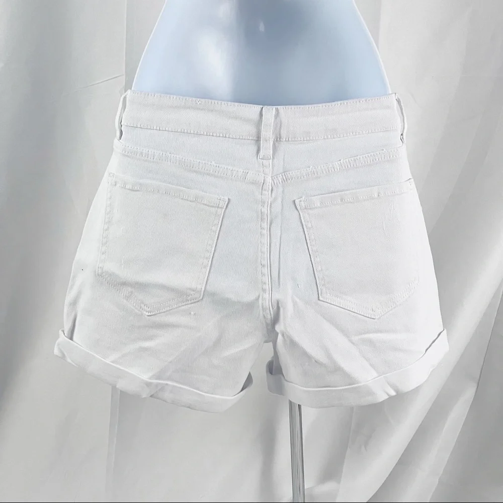 White Rolled—Up High Waist Distressed Denim Shorts - Picture 7 of 9